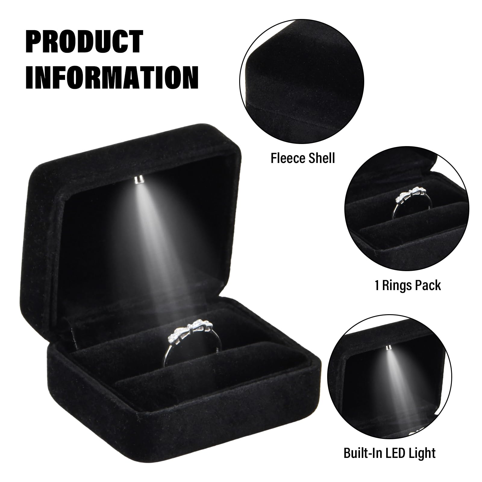 DELALO Ringbox Herzform Mit LED - Elegante Ringschachtel 70x65x45mm Mit Samtfutter Schwarz