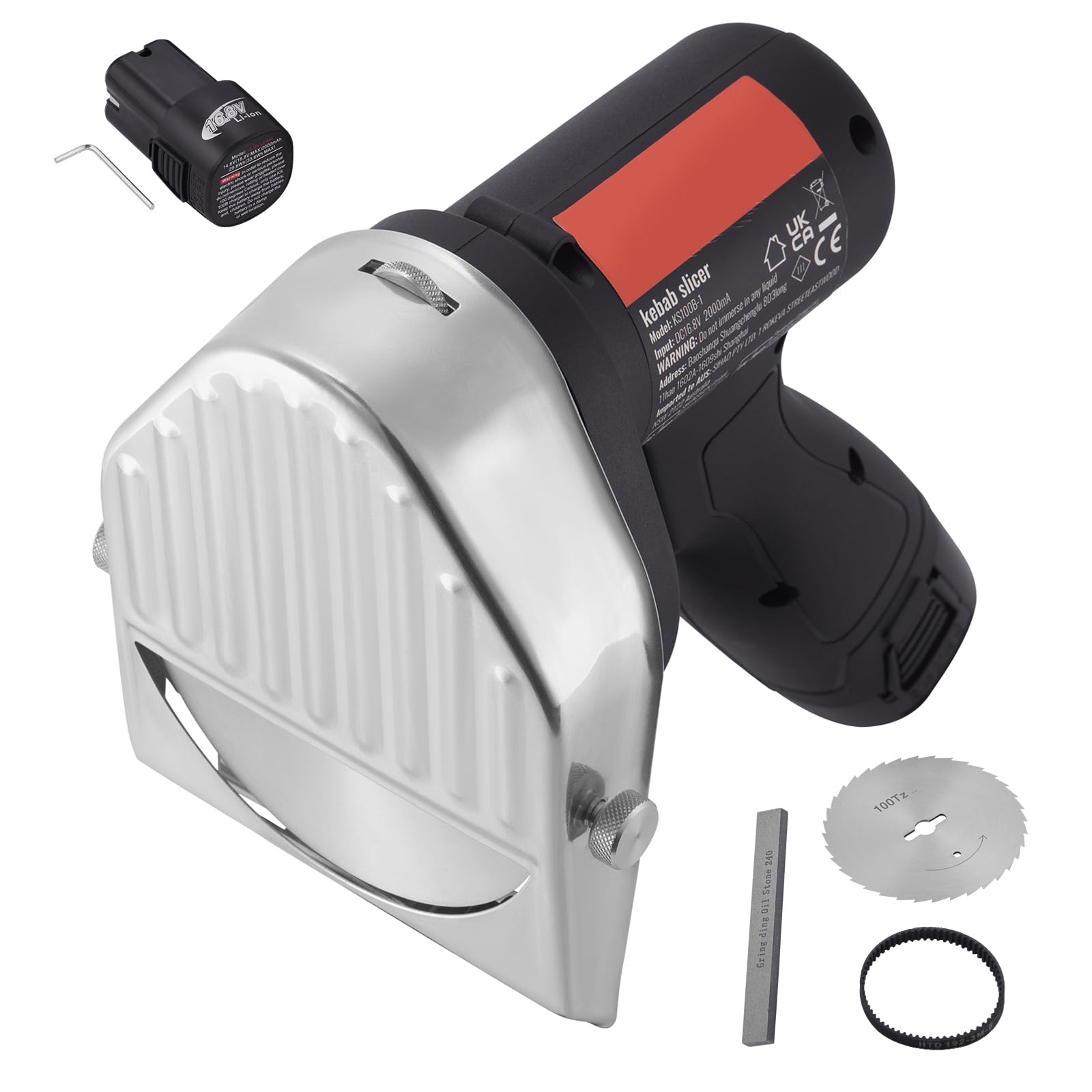 Happybuy Electric Shawarma Knife, 80W Cordless Battery Professional Turkish Knife, Commercial Stainless Steel Gyro Cutter, Doner Kebab Meat Slicer with 2 Blades, ?4/100mm, 0-8mm Adjustable Thickness