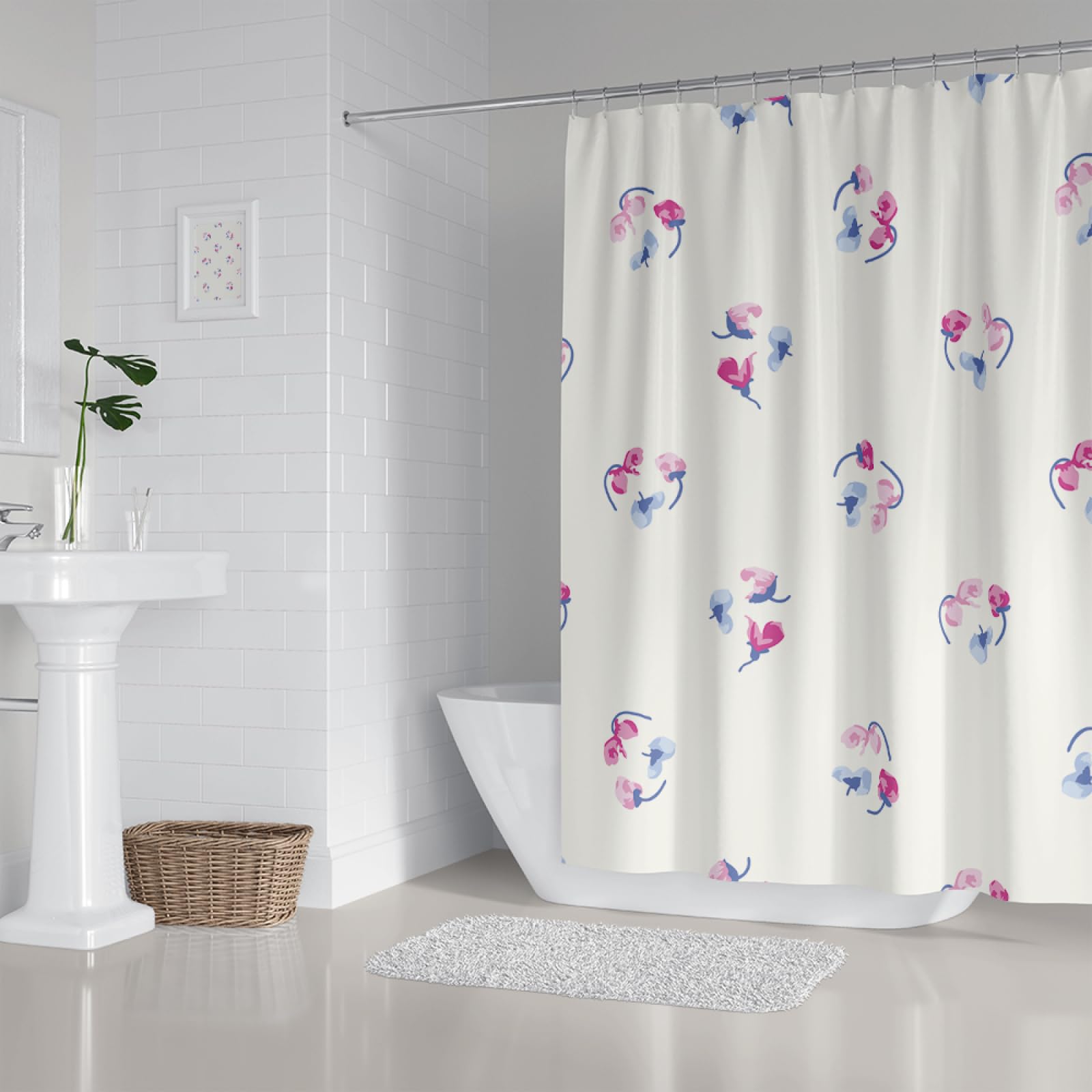 Tenda Doccia Fiori Blu Beige Tenda Doccia Antimuffa Impermeabile Poliestere Lavabile con 12 Ganci Tende Finestra Bagno per Dormitorio Famiglia Hotel Decorazione(180x220cm)