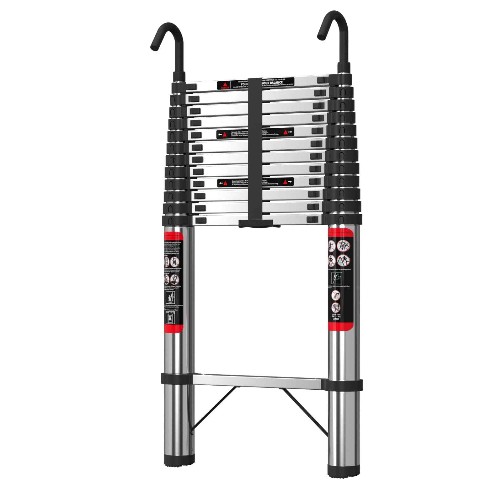 Scala telescopica da 5 m, con gancio, in acciaio inox, portatile, estensibile, scaletta per soffitta multiuso, capacità 150 kg, certificata 131
