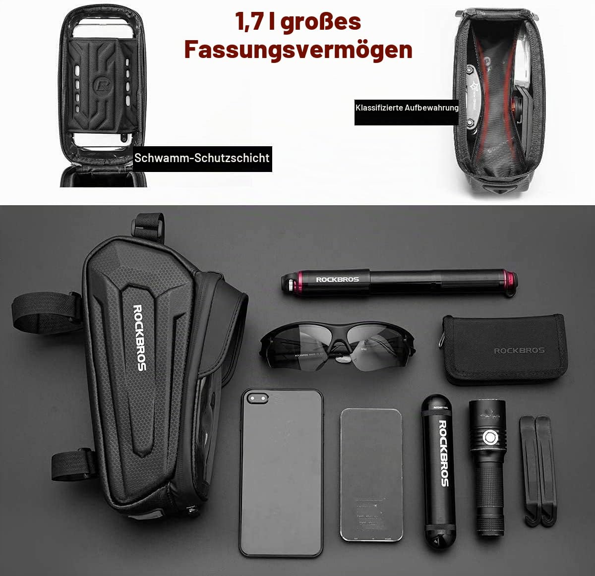 ROCKBROS Fahrrad Rahmentasche Lenkertasche Wasserabweisend Handytasche für Smartphone bis zu 6.8 Zoll mit TPU Sensitivem Touchscreen für Montainbikes, Rennrad, Ebikes