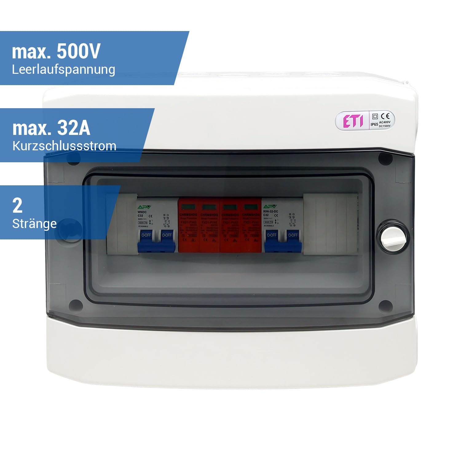 GAK 7873 PV-Generatoranschlusskasten 2 Strings – 32 A, 500 V, IP65, mit LS & Überspannungsschutz – BaSBa Sicherungsbox für Photovoltaikanlagen