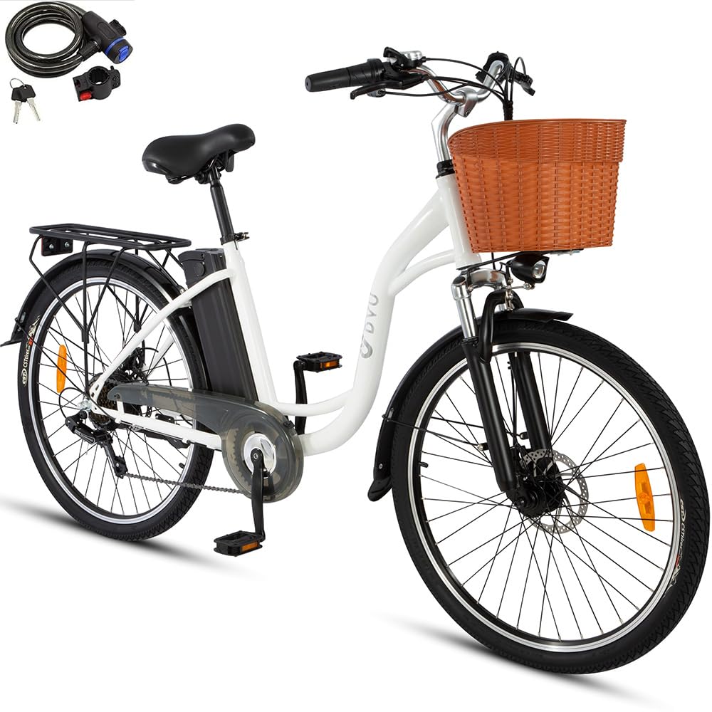 DYU Bicicletta Elettrica,26 pollici Bici Elettrica con Cambio a 6 velocità,12,5 Ah 36 V Batteria Rimovibile,City E-Bike con Cestino,Altezza del Sedile Regolabile,Adulti Unisex