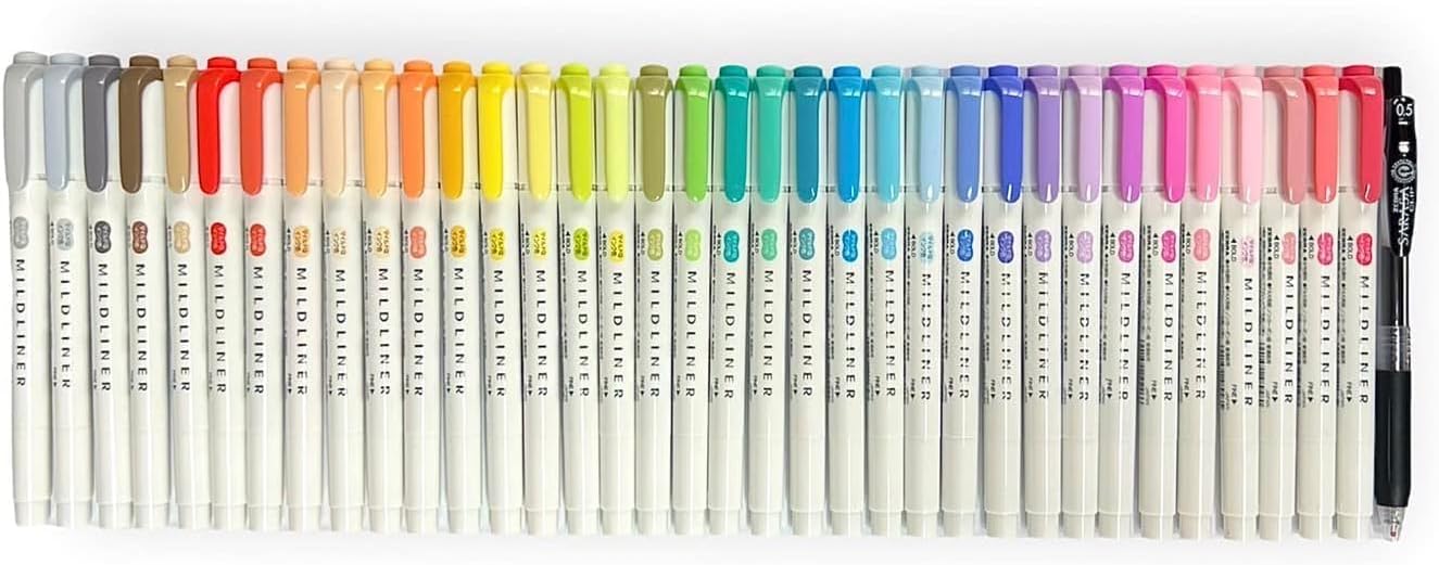 Zebra Mildliner Soft Color Double-Sided Highlighter Pens 35 Full Color Assorted with Sarasa Clip Pen Black 0.5mm and Original Vinyl Pen Case