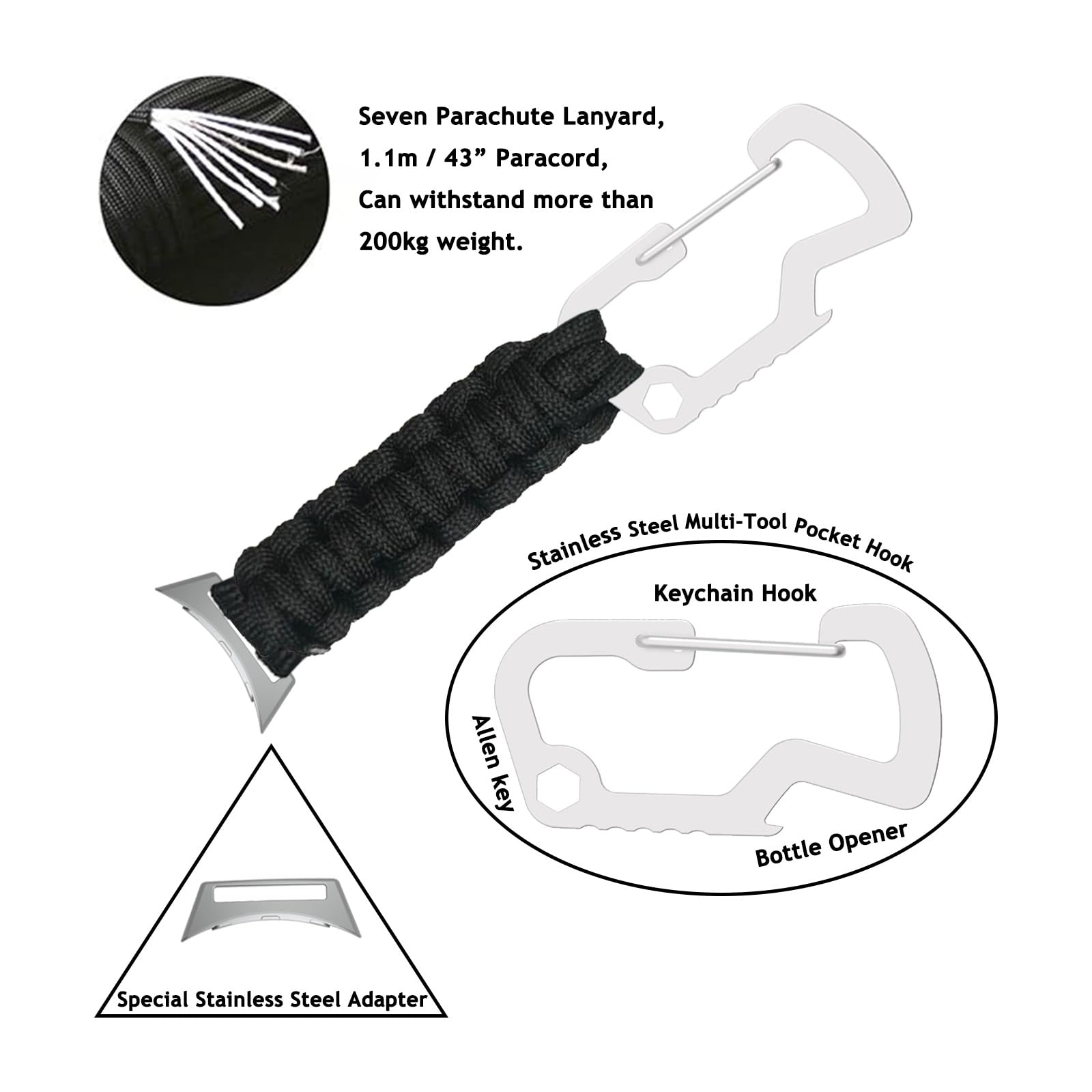 Bshirmay Keychain Clip Compatible with Google Pixel Watch 3 45mm Pocket Fob Strap, Not for Google Pixel Watch 3 41mm Paracord Lanyard Band (Black)