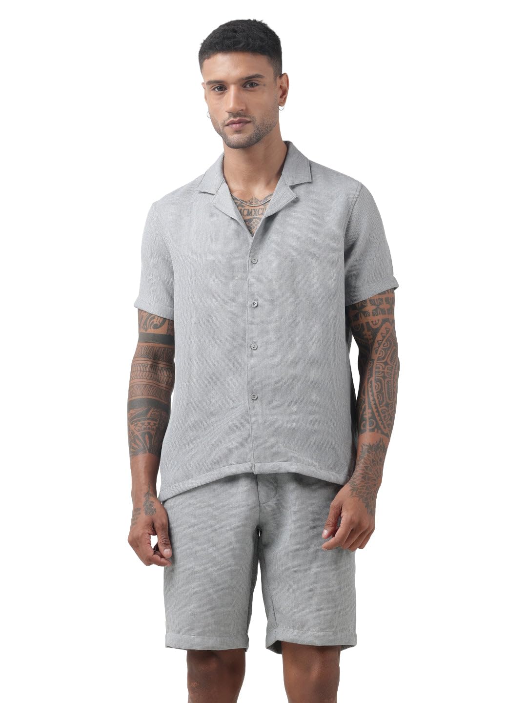 Men's Textured Grey Cuban Collar Shirt & Shorts Co-ord Set-RONG-4782_Grey-image-34