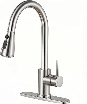 KINGO Kitchen Faucet, Brushed Nickel Kitchen Faucets with Pull Down Sprayer, High Arc Single Handle Stainless Steel Sink Faucets 1 or 3 Hole, Kitchen Sink Faucets for Farmhouse Camper Laundry Rv Bar