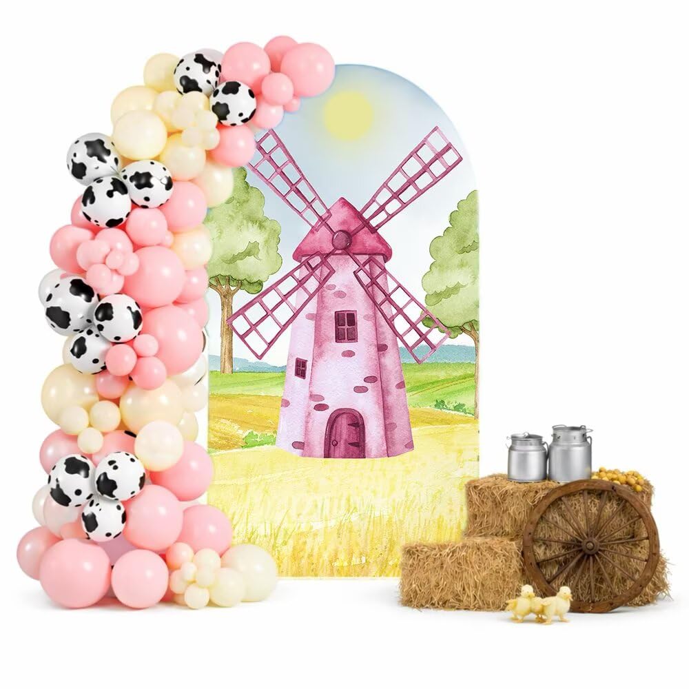 HISDH Pink Windmill Arch Backdrop Covers 6x2.6ft(HxW) for Barn Farm Birthday Party Decorations Double-Sided Chiara Arched Stand Fabric Cover Kids Baby