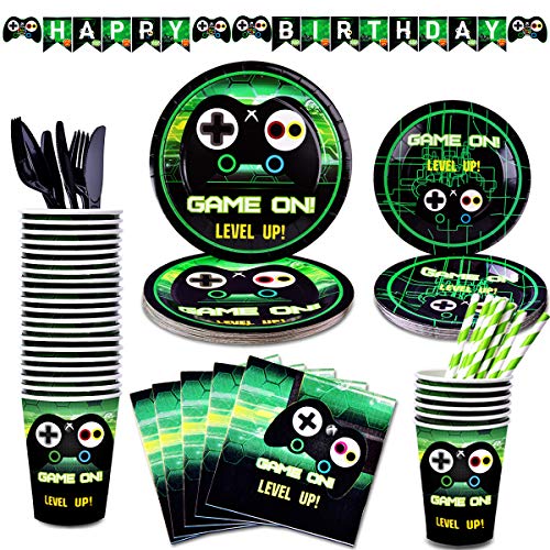 Video Game Party Supplies-Gamer Birthday Party Supplies Including Gaing Paper Plates,Cups,Napkins, Straws And Happy Birthday Banner For Boy Gamer Birthday Party Decoration