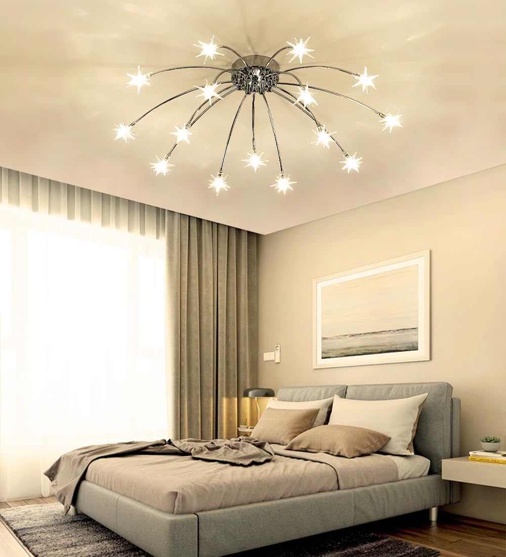 Led Fireworks Ceiling Lights Unique Starry Sky Ceiling Lamp Fixture Gold Chrome-Plated Chandelier Glass Lampshade Living Room Bedroom Dining Room Hanging Light Kids-Lamp (Chrome, Warm Light 15)