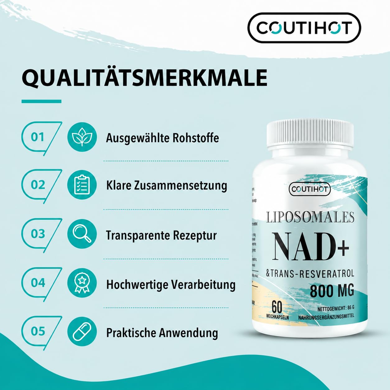 Liposomales NAD+ mit Trans-Resveratrol | Hochdosiert 800 mg pro Portion | 60 Softgels – Liposomale Technologie für effiziente Aufnahme & Premium Reinheit (60 stück (1er Pack))