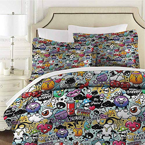 Best Promo Cartoon Decor Bedding 3-Piece California King Bed Sheets Set, Graffiti Creatures with Spray Tanks Animals and Quotations Colored Image (1 duvet cover + 2 pillowcases) Printed bedding Multicolor
