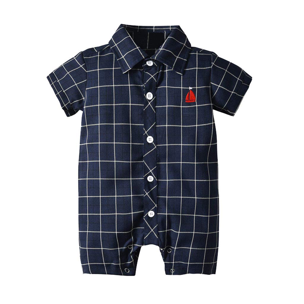 DressLksnf Infant Baby Boys Bodysuits Short Sleeve Gentleman Plaid Print Romper Elegant Jumpsuit Clothes