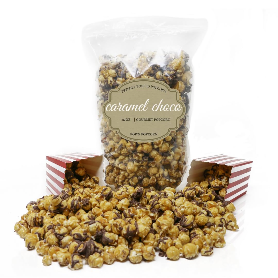 Pop’N Popcorn Chocolate Covered Caramel Pop Corn - 35 oz Gourmet Caramel Pop Corn Drizzled with Dark Chocolate - Freshly-Popped and in a Resealable Bag Perfect for Movie Night