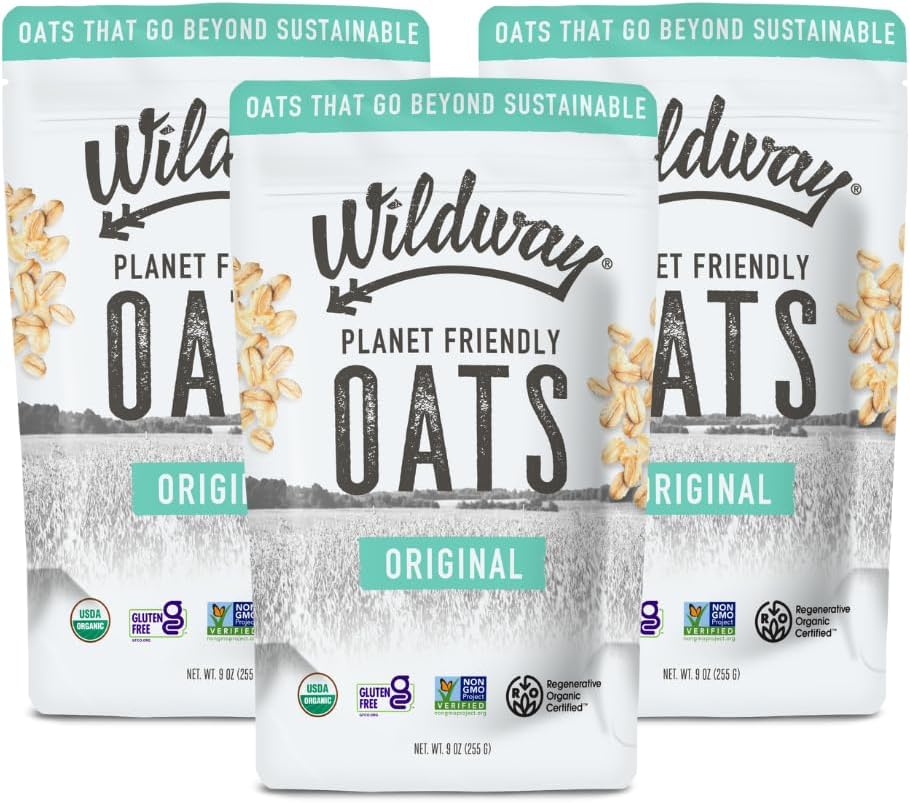 Wildway Organic Rolled Oats, Overnight Oats | Glyphosate-Free, Gluten-Free Oatmeal | Non-GMO, Plant-Based Protein | Regenerative, Sustainable, Traceable Organic Oats | Original, 9 Oz, Pack of 3