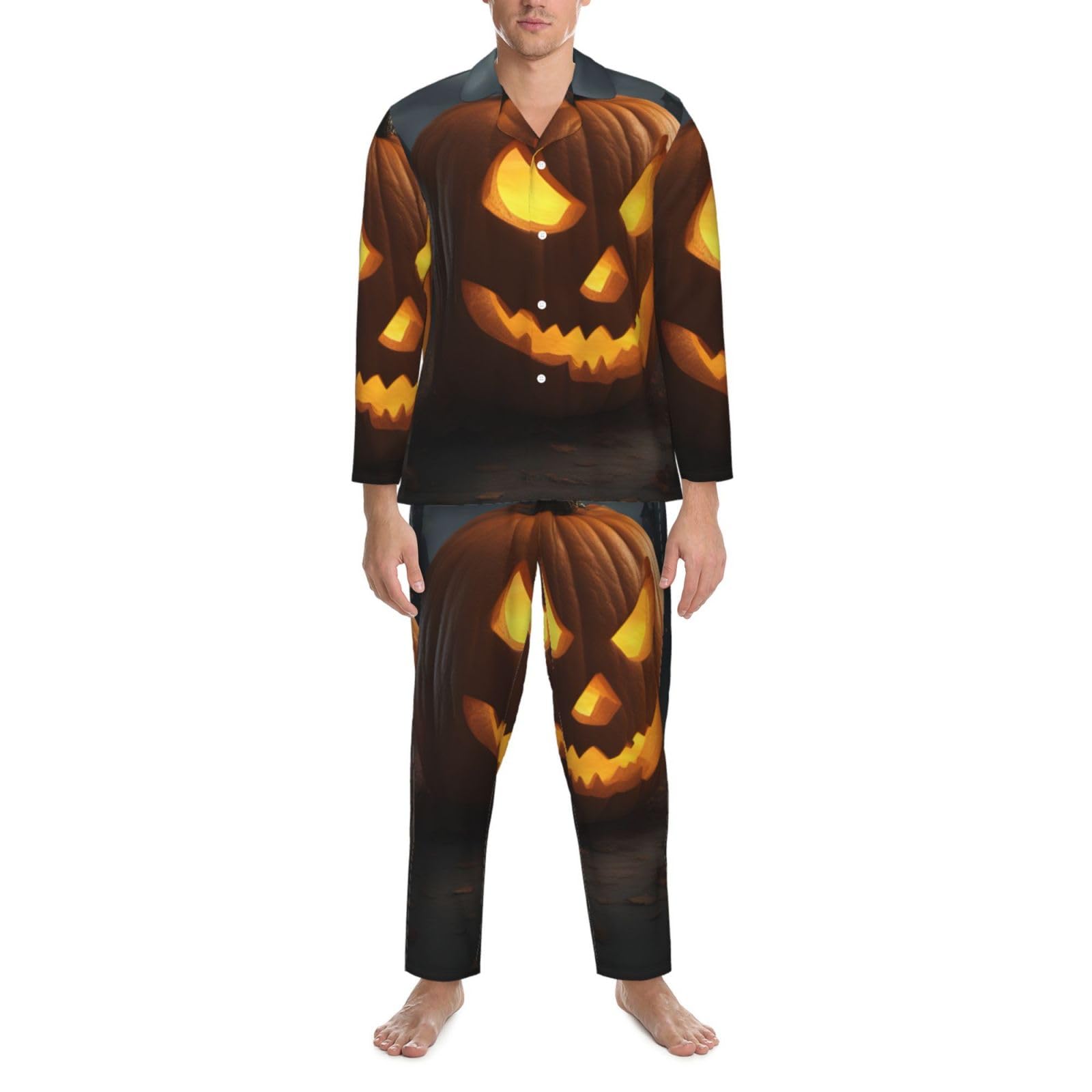 Halloween-Pyjama-Set für Herren, langärmlig, zweiteilig, bequem, Nachtwäsche, mit Kürbismuster