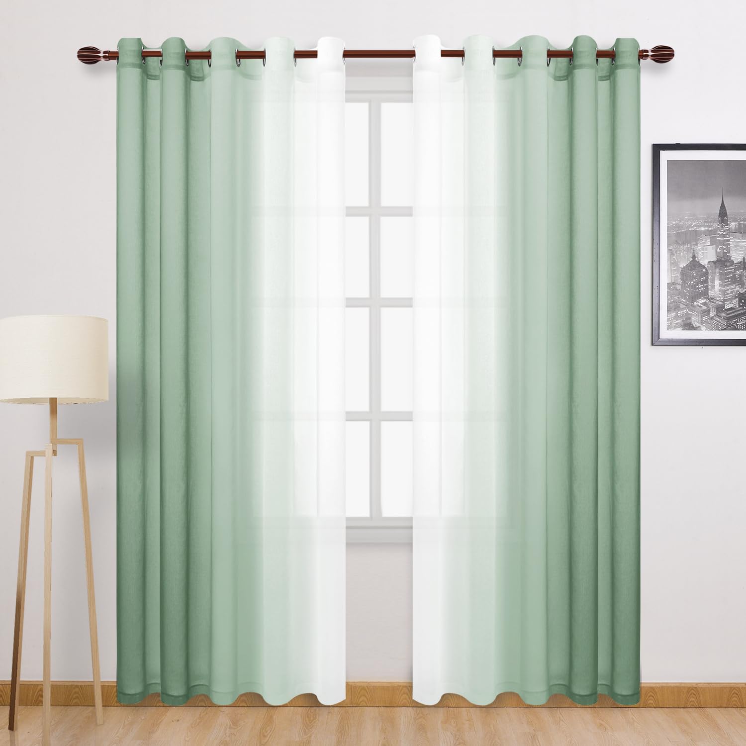 DWCN Ombre Faux Linen Sheer Curtains - Extra Wide Gradient Semi Voile Grommet Top Bedroom and Living Room Curtains, 60 x 84 Inches Long, Set of 2 Window Curtain Panels, Sage Green โ image 1