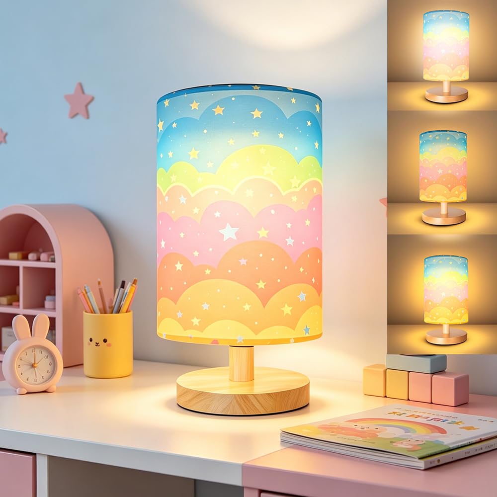 Peldris Rainbow Kids Lamp, Rainbow Kids Bedside Lamp with 3 Colour Light Modes, Solid Wood Base with Linen Fabric Shade, Kids Lamp for Bedroom & Living Room, Rainbow Lamp Gifts for Girls