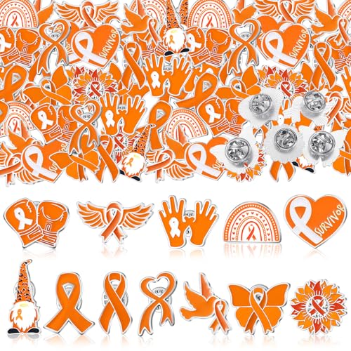 60 Pcs Orange Cancer Awareness Pin Bulk Leukemia Awareness Product Kidney Cancer Lapel Pins Gun Violence Multiple Sclerosis Lymphoma Orange Ribbon Items for Charity Public Social Events