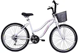 Bicicleta Feminina 26 Beach Branca de 18 Velocidades com Aros duplos, Pneus Slik e Cesta - Dalannio Bike