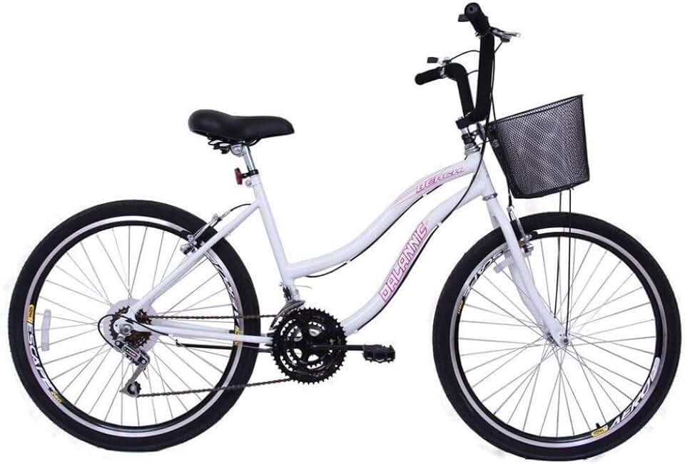 Bicicleta Feminina 26 Beach Branca de 18 Velocidades com Aros duplos, Pneus Slik e Cesta - Dalannio Bike