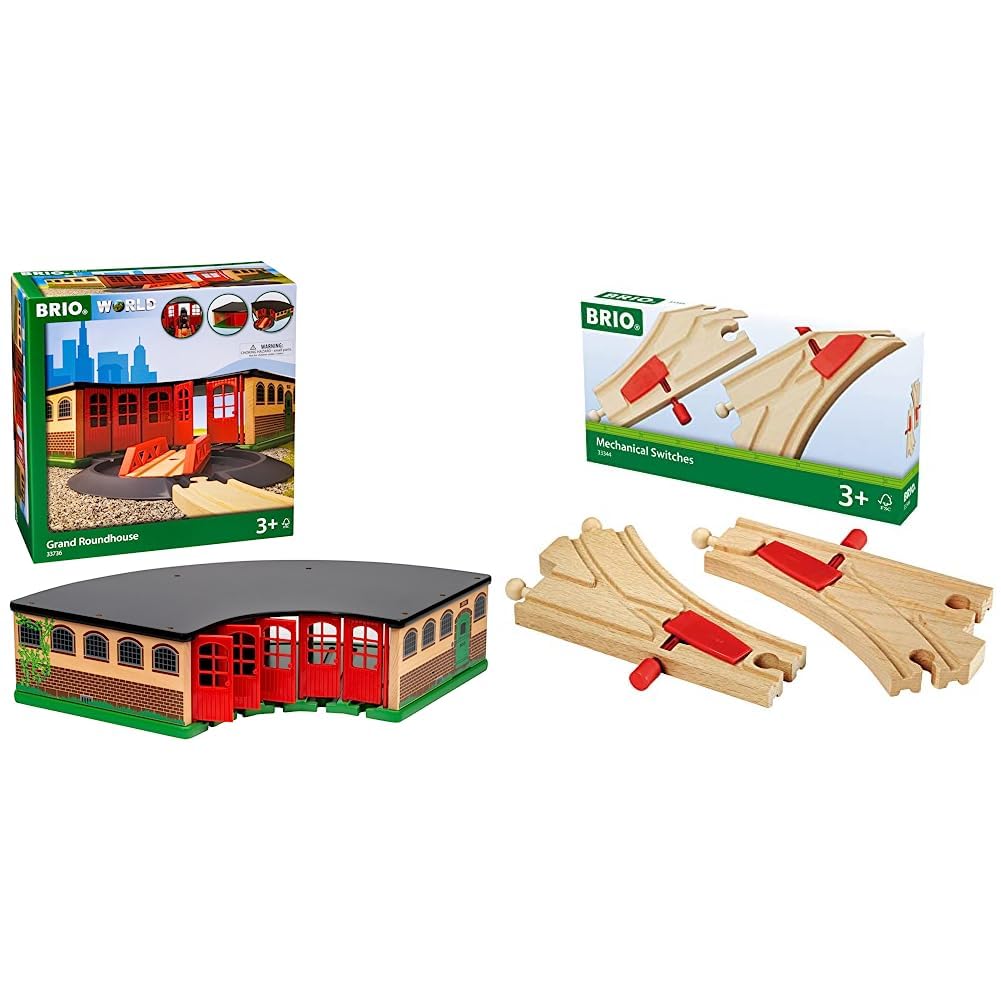 BRIO Eisenbahn Großer Ringlokschuppen Mit Drehscheibe, Brio World Eisenbahn Zubehör, Holzeisenbahn & 33344000 - Mechanisches Weichenpaar