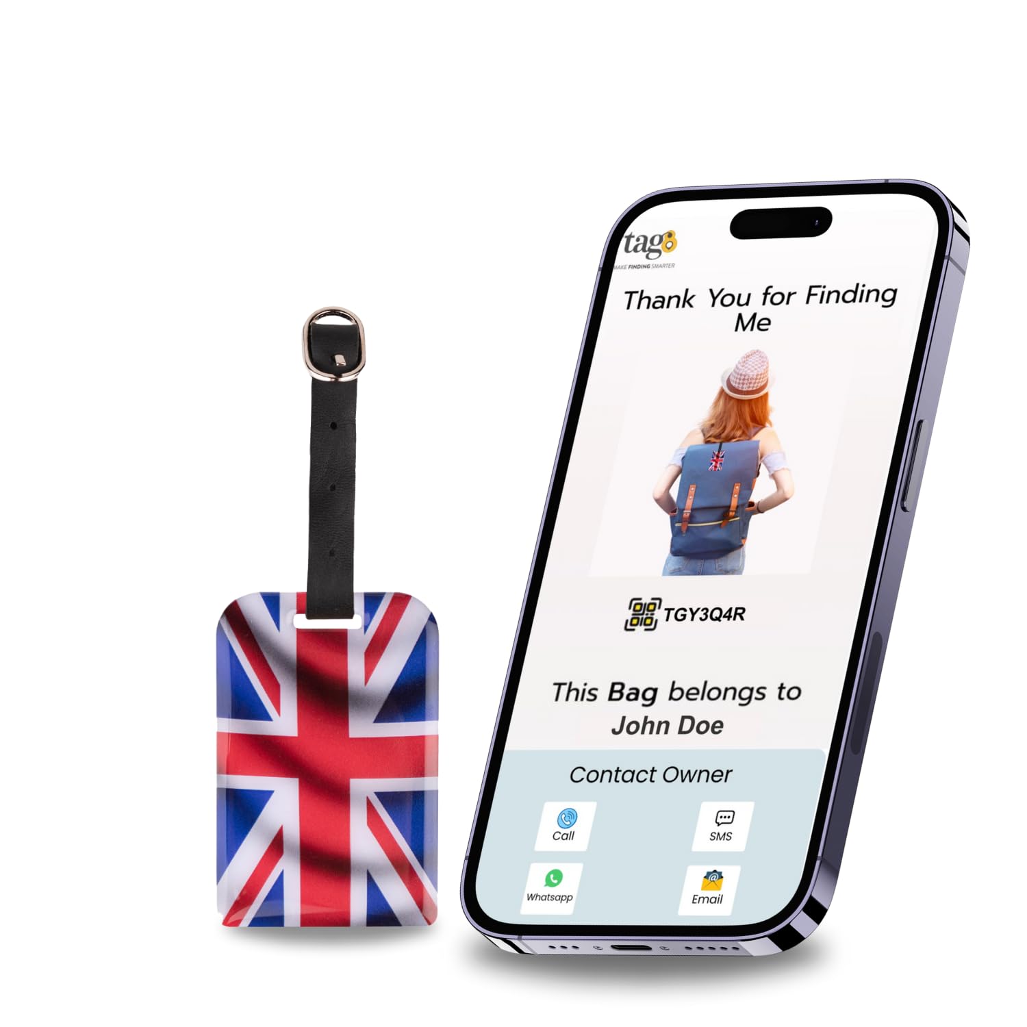 tag8 Etiqueta de seguridad para bolsas | Etiqueta de equipaje con bandera del Reino Unido con código de trazador de aeropuerto | Stop Losing, Start Tagging