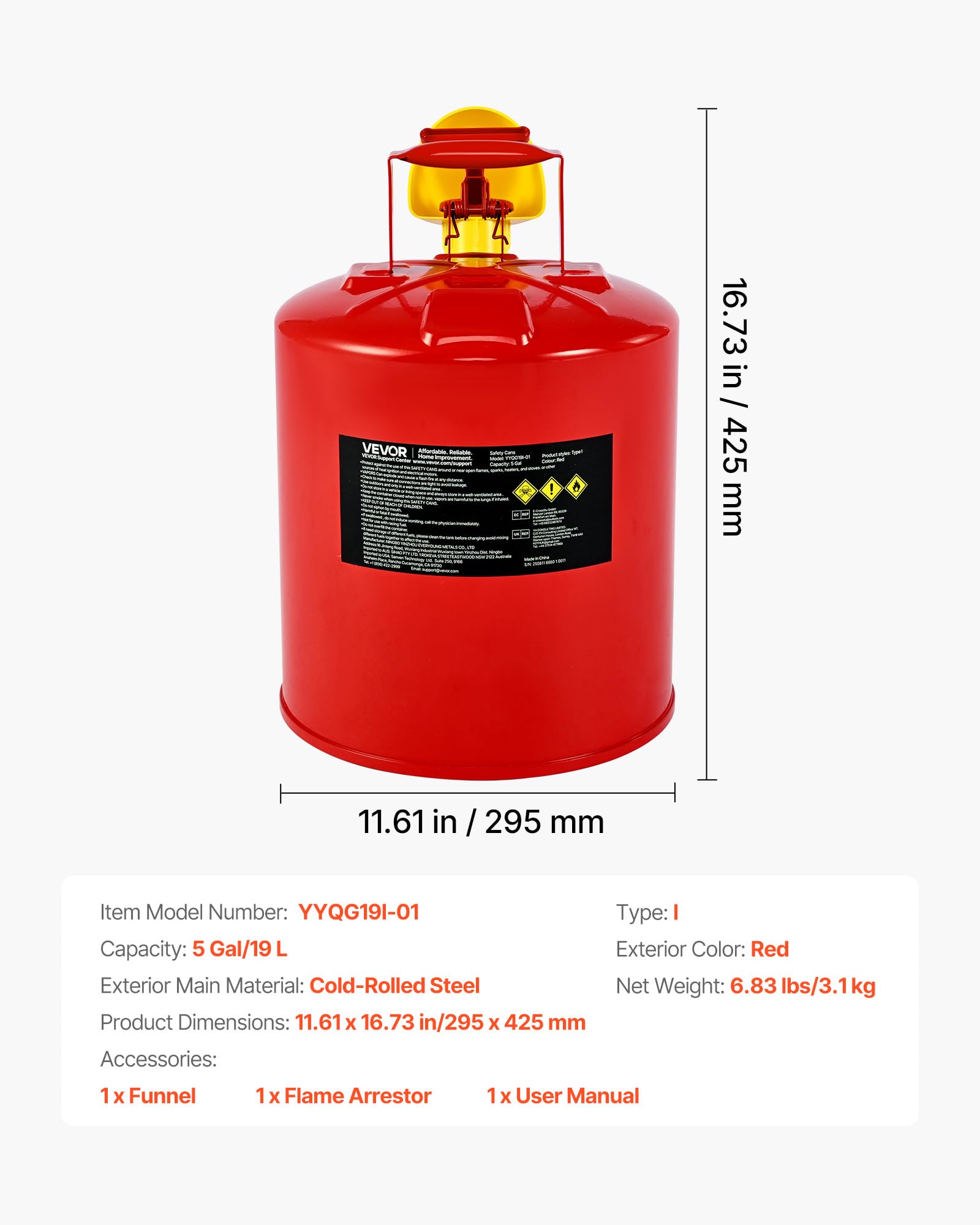 VEVOR Tanica di Sicurezza per Benzina Tanica di Sicurezza Rossa da 19 Litri di Tipo I per Benzina con Parafiamma in Acciaio Inossidabile, Coperchio a Chiusura Automatica e Imbuto in PE