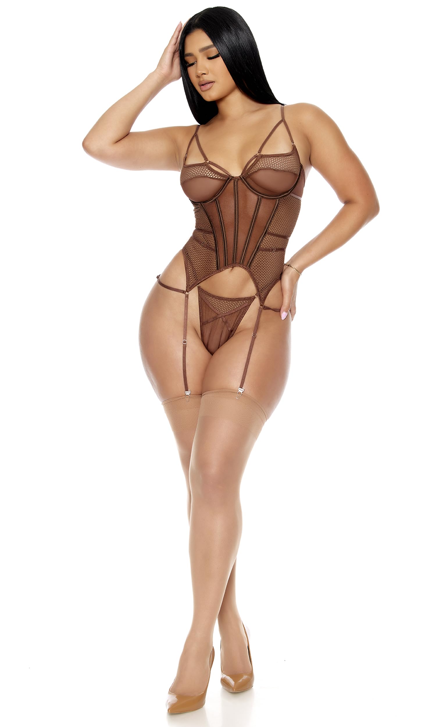 Forplay Caught Up O-Net Bustier Lingerie Set Juego de lencería para Mujer