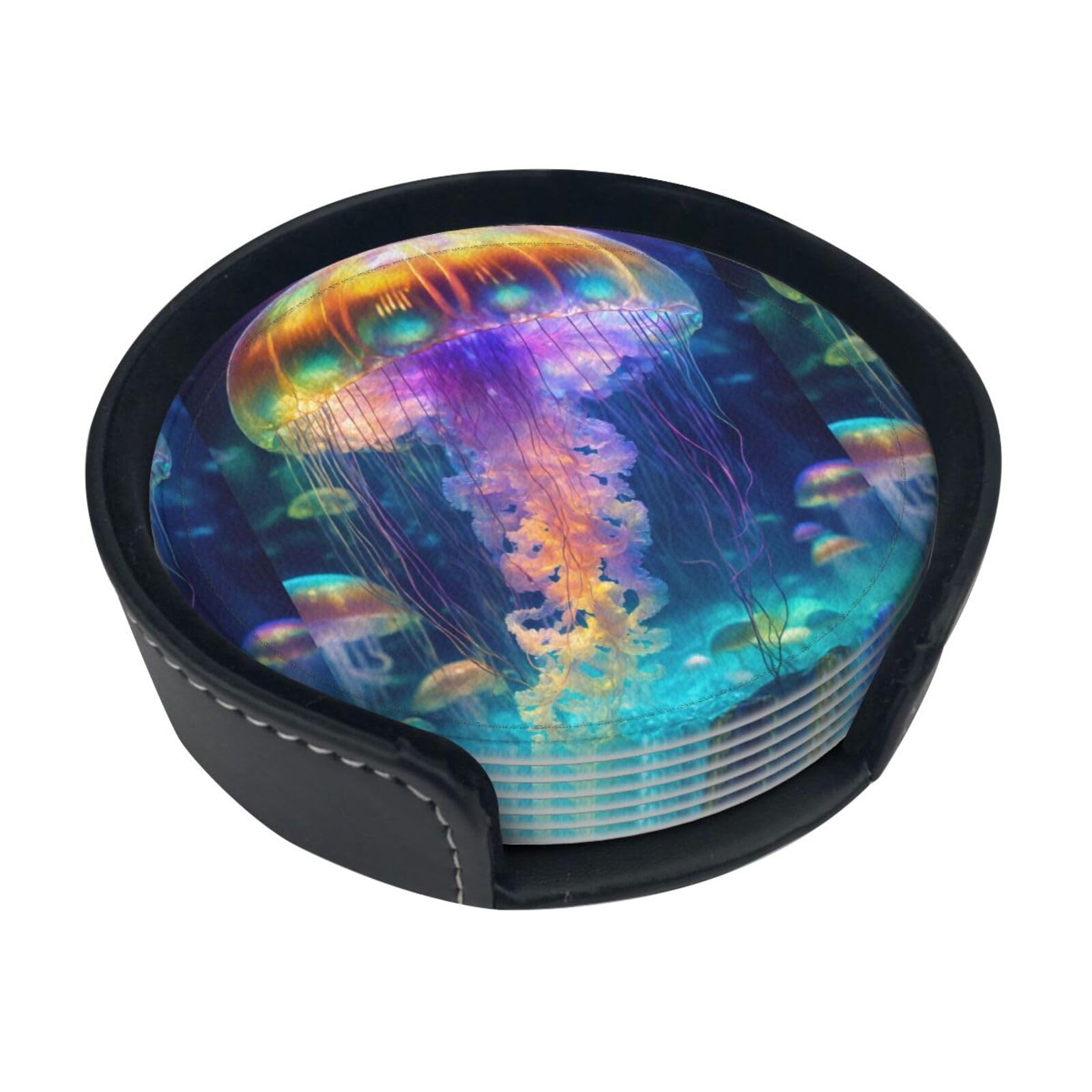 Jellyfish Ocean Print Round Coasters Set Of 6,Coaster For Tabletop Protection Home Bar Decor