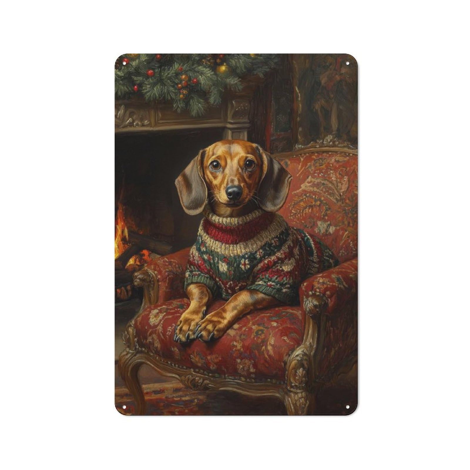 Junmoney Dachshund In Christmas Sweater By Fireplace Metal Plaque 30X20cm With Cozy Holiday Dog Wall Art For Pub Or Café, Rustic Decor, For Pub Decor Enthusiasts