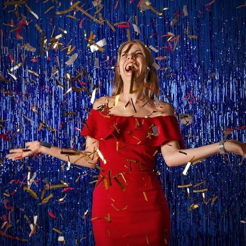 Image of Premium Metallic Foil Curtain 3x6 Ft Each for Party Decoration, Shimmer Backdrop for Birthday, Anniversary & Wedding, Easy to Hang Door & Wall Decoration Photo Booth (2, Blue)