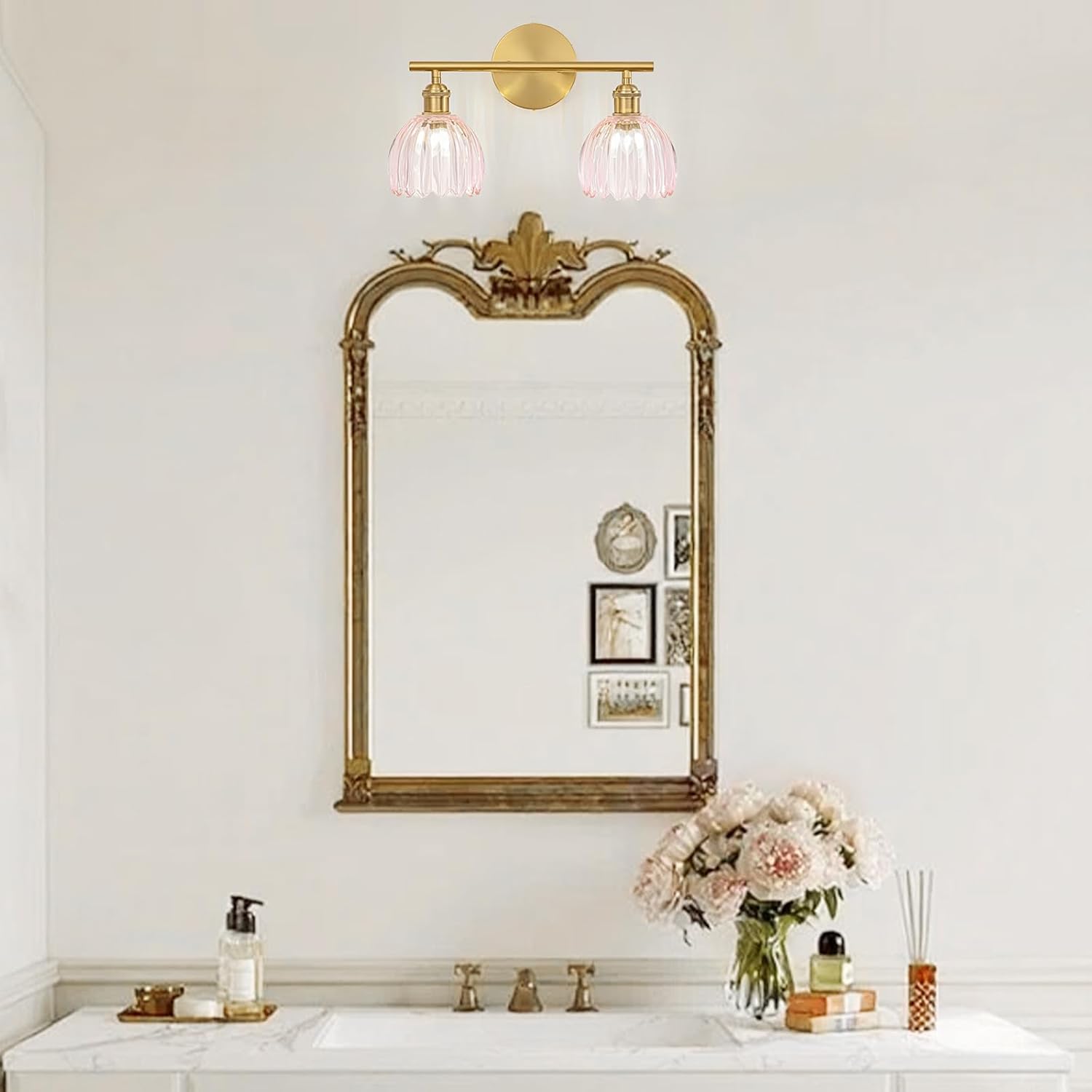 Gold Bathroom Light Fixtures Over Mirror, 2 Light Bathroom Vanity Light Fixture with Tulip Pink Glass Lampshade, Vintage Vanity Lights for Bathroom, Bathroom Vanity Lights Over Mirror