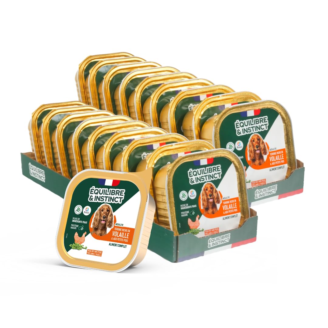 EQUILIBRE & INSTINCT - Chien Adulte - Pâtée Nourriture Humide Volaille - Transit Digestif Optimal - Recette Complète Formulée avec des Vétérinaires - 18x300g - Fabriqué en France