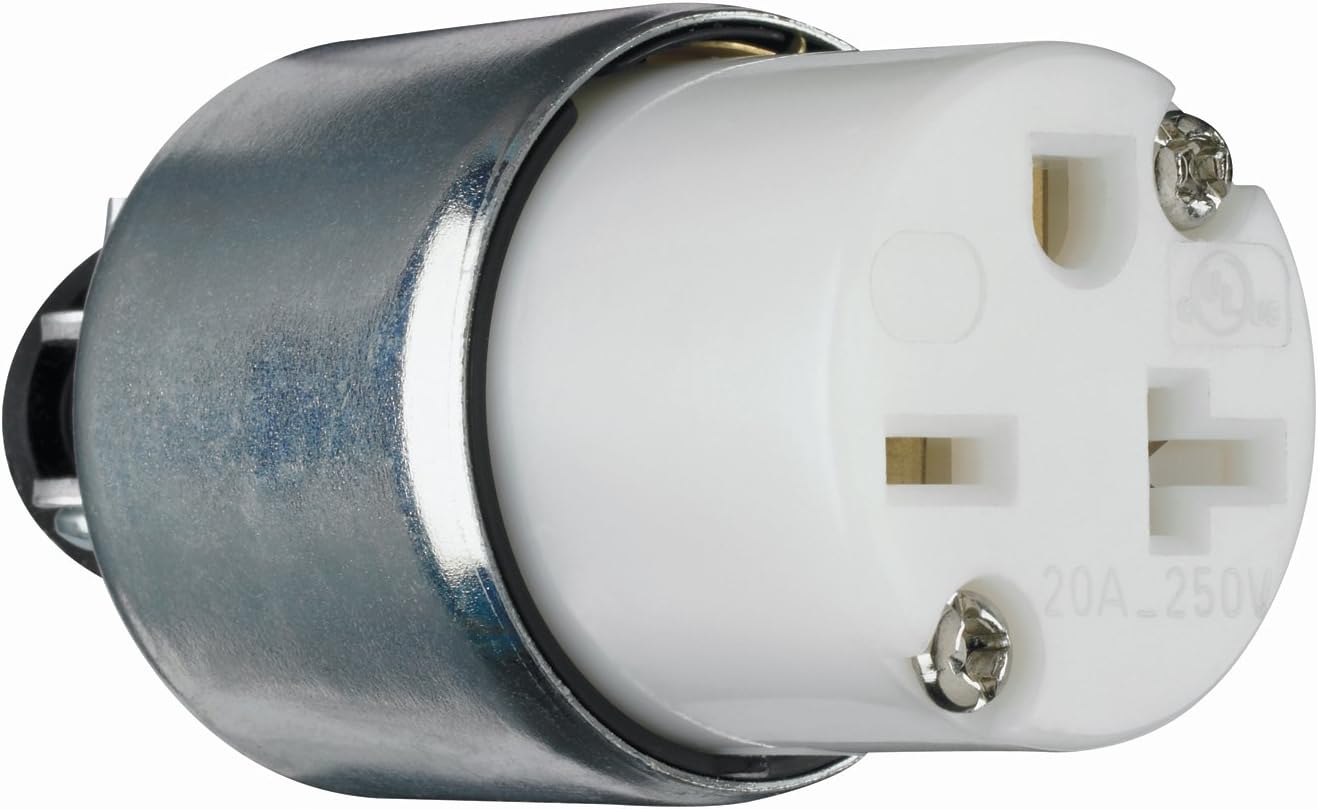 Legrand Pass & Seymour PS620CACC20 20 Amp 250V Armored Straight Blade Connector, NEMA 6-20R, Silver/White (1 Count)