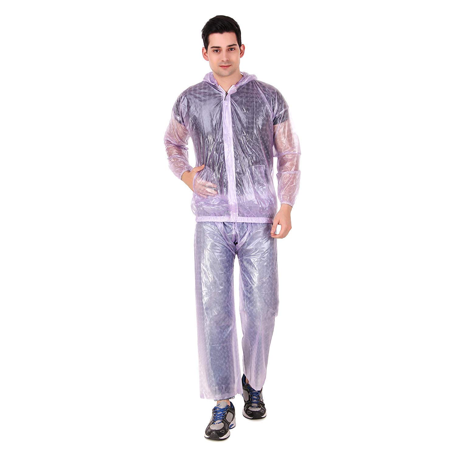 Men's PVC Rainsuit with Hoods and Side Pocket, 100% Waterproof Portable Rainwear (Purple Transparent)-image-20