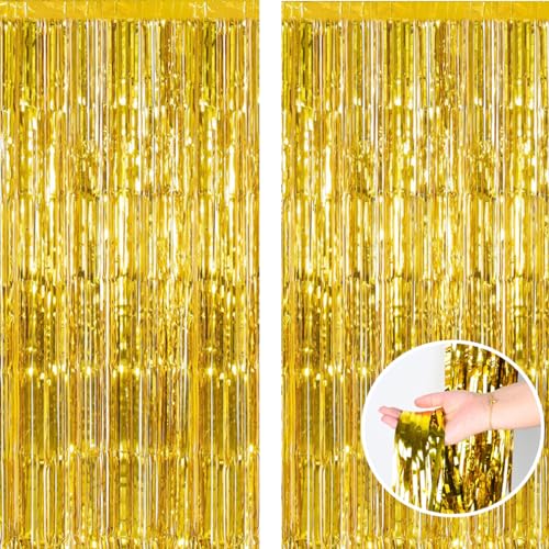 2pcs 3.2ft x 6.5ft Foil Fringe Curtain Door Curtains Metallic Tinsel Curtains Streamers for Birthday Graduation Wedding Engagement Bridal Shower Bachelorette Holiday Party Decoration (Gold)