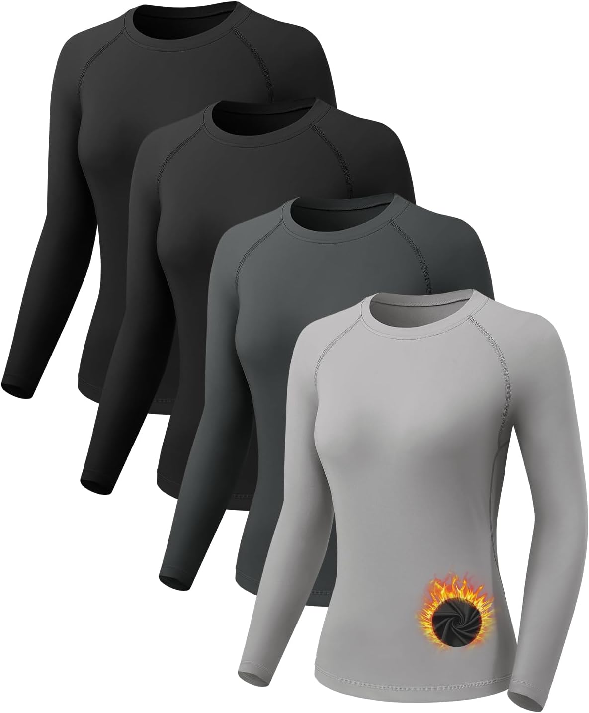 4 Pack Thermal Long Sleeve Shirts for Women Fleece Lined Thermal Underwear Tops Basic Compression Shirts