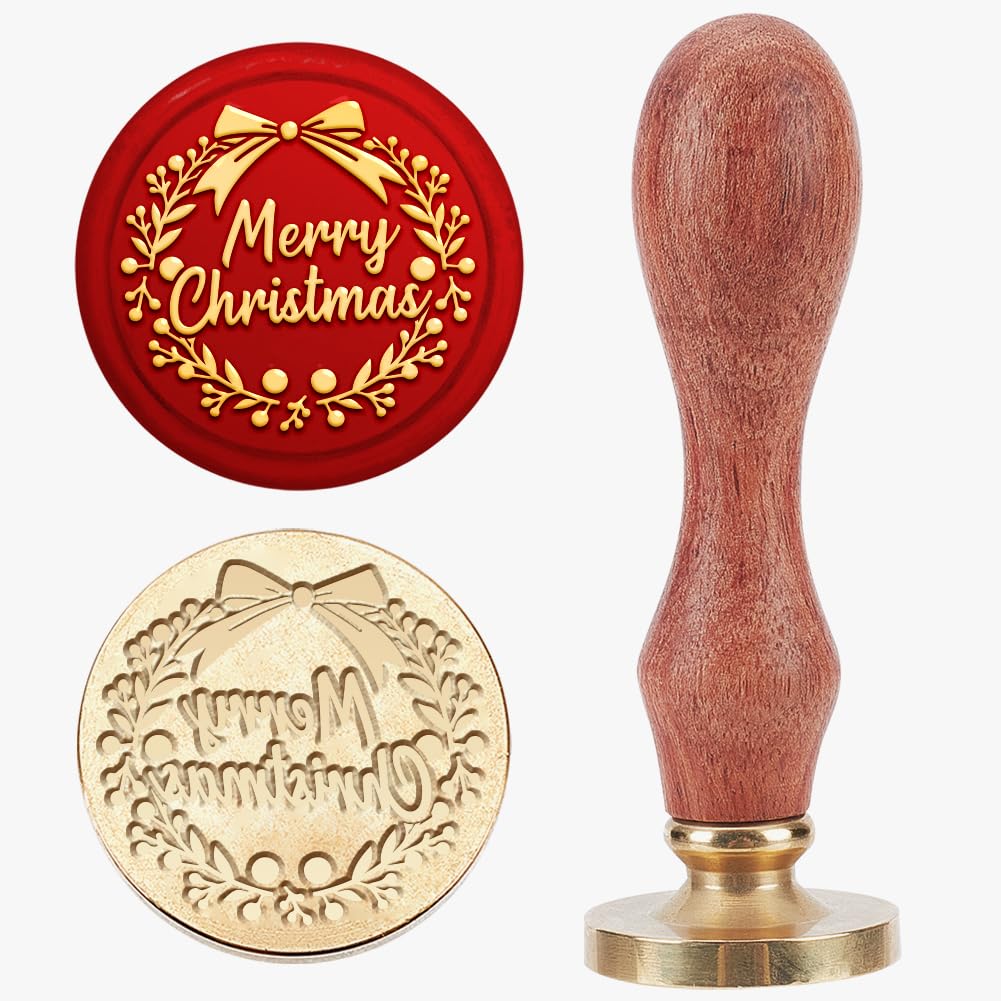 MAYJOYDIY Merry Christmas Wax Seal Stamp With Wreath Brass Head