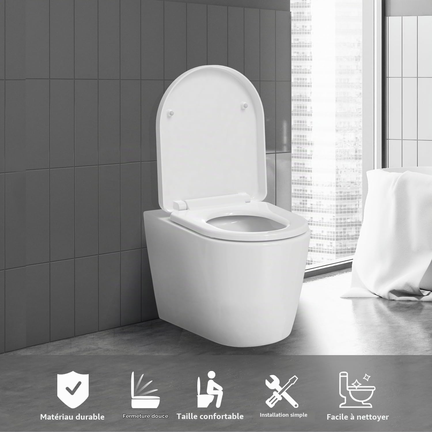 Abattant WC Blanc Duroplast Thermoplastique Déclipsable Forme D avec Frein de Chute Charnière Réglable, Dégagement Rapide à Un Bouton