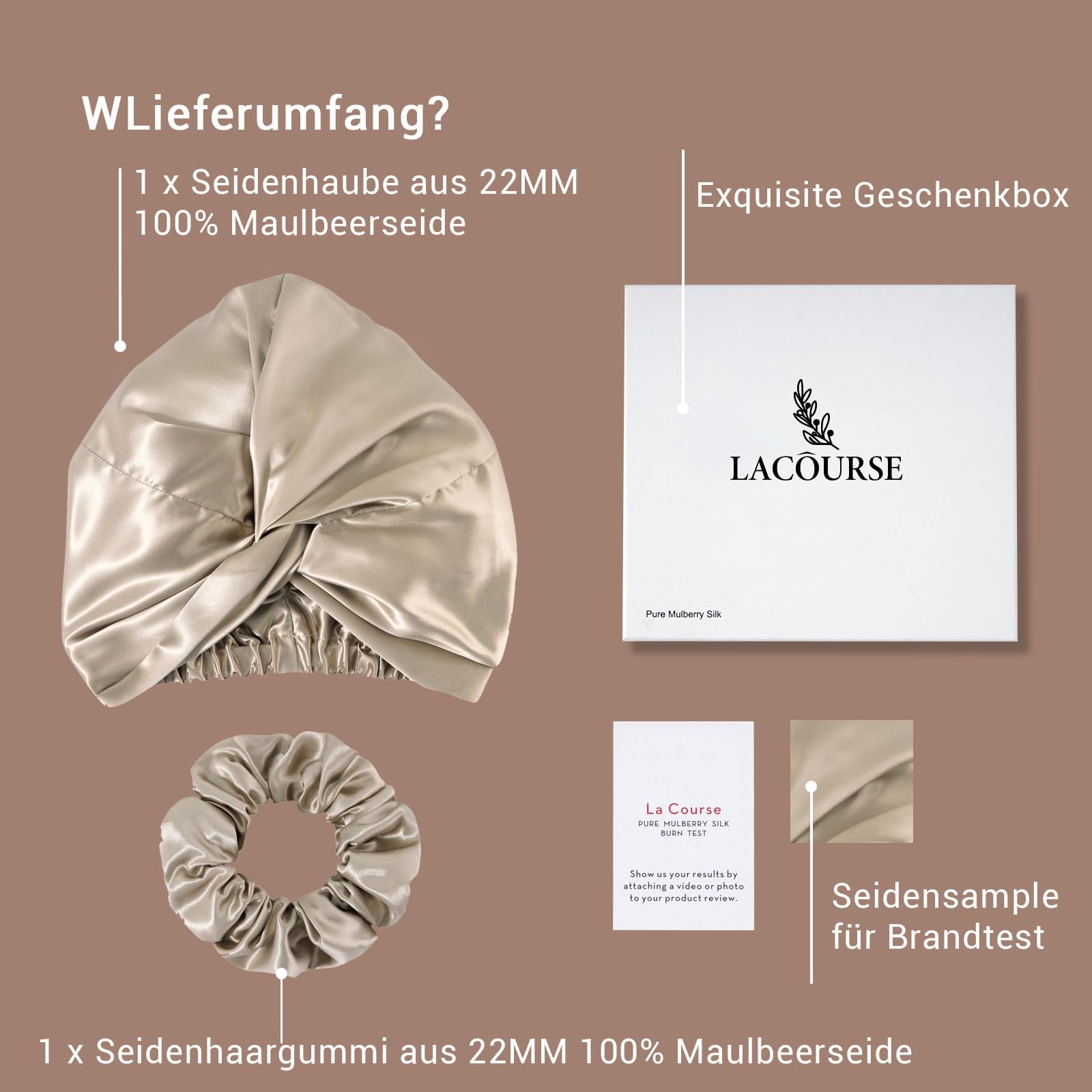 ‌LaCourse Rutschfeste Verstellbare Echte 22 Momme 100% Maulbeerseiden-Seidenhaube zum Schlafen, Doppellagige Seidenhaube für optimale Haargesundheit, Karamell