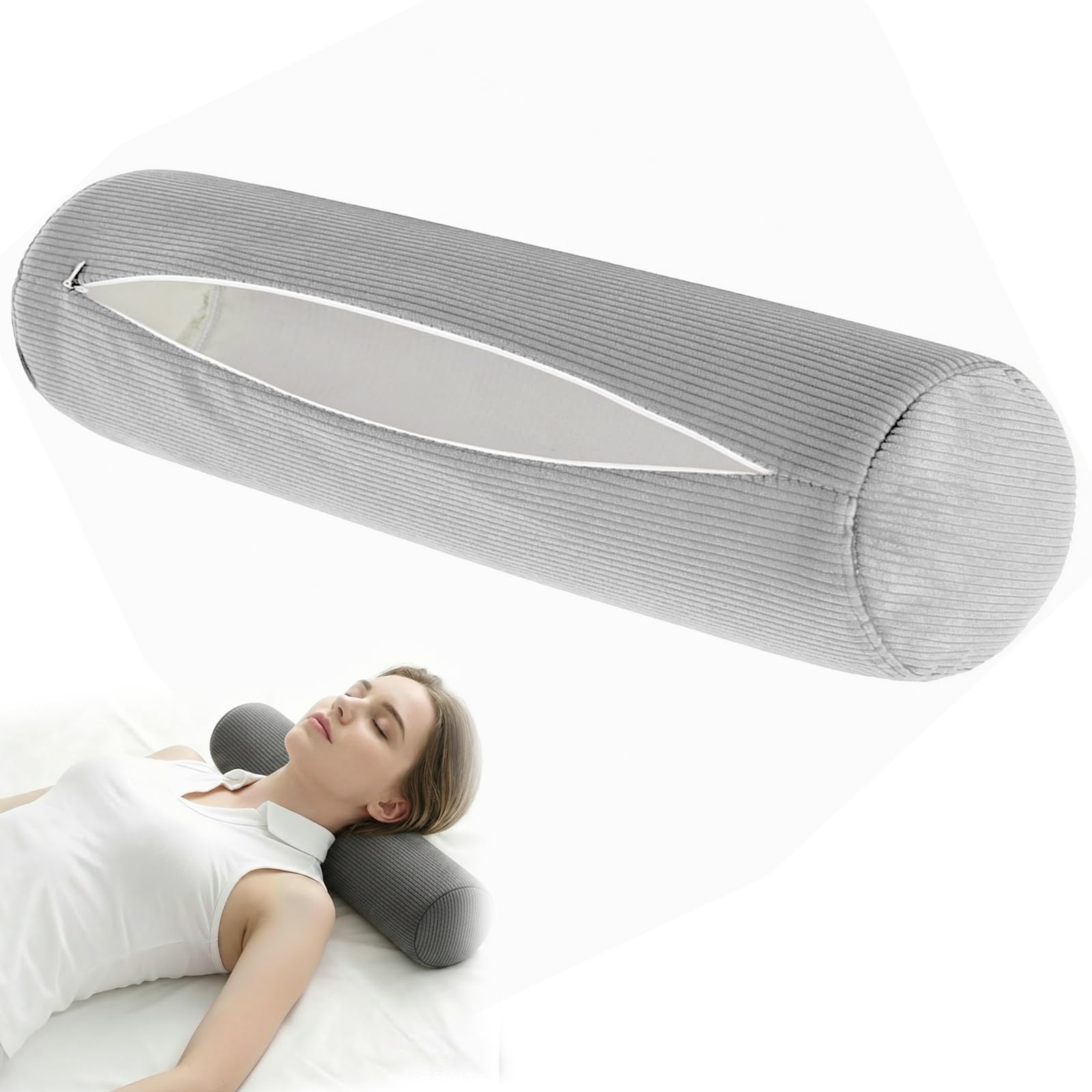 moismk Round Bolster Pillow Covers with Zipper, Striped Corduroy Breathable Washable Cylindrical Neck Pillow Cases for Home Decor, Cervical Neck Roll Pillowcase Only(Light Grey,120x20cm)