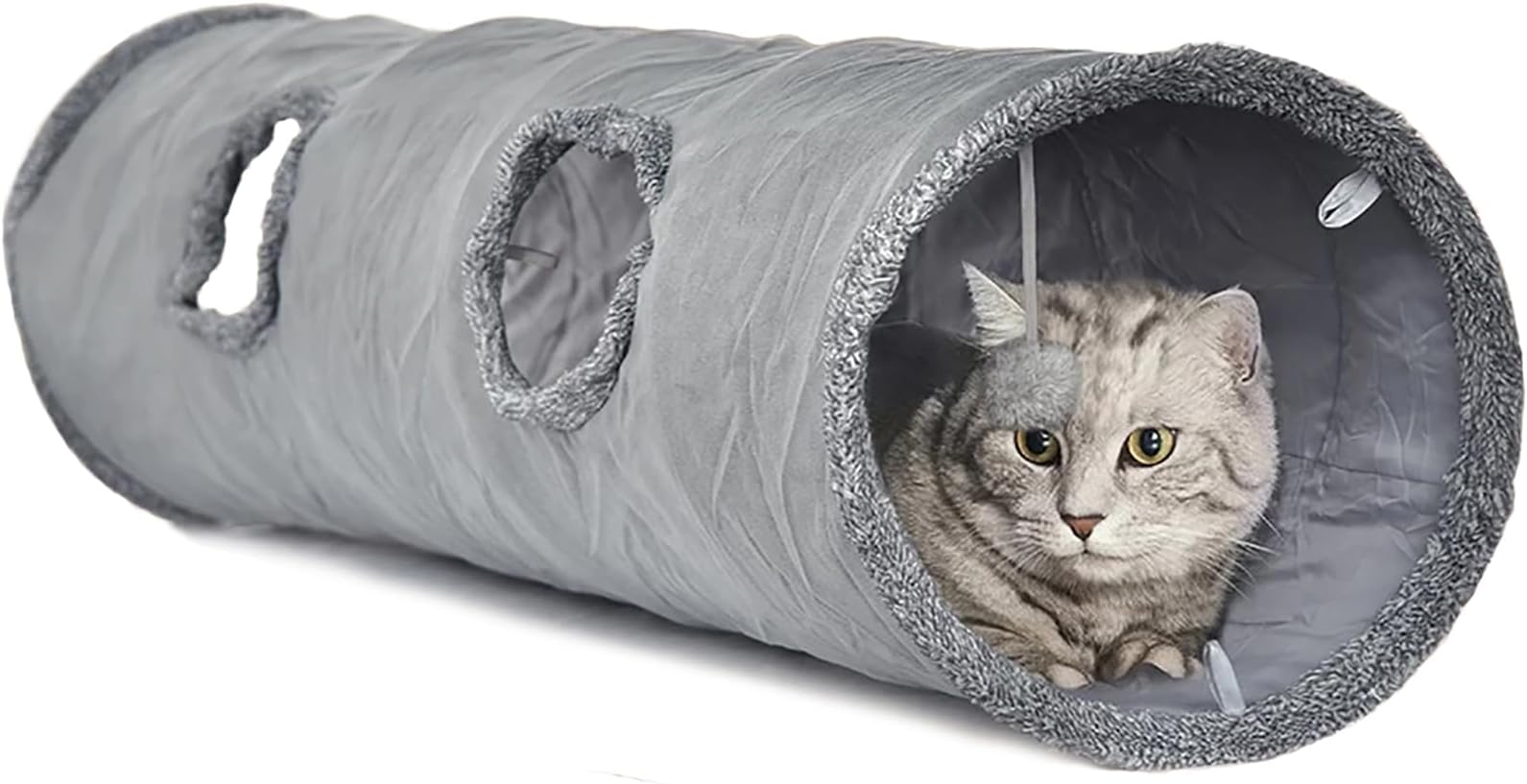LeerKing Extra Long Cat Play Tunnel - 51" L x 12" Dia, Collapsible Suede Crinkle Cat Tube Toy with Ball and Peek Hole for Kittens, Rabbits, Puppies, L, Grey