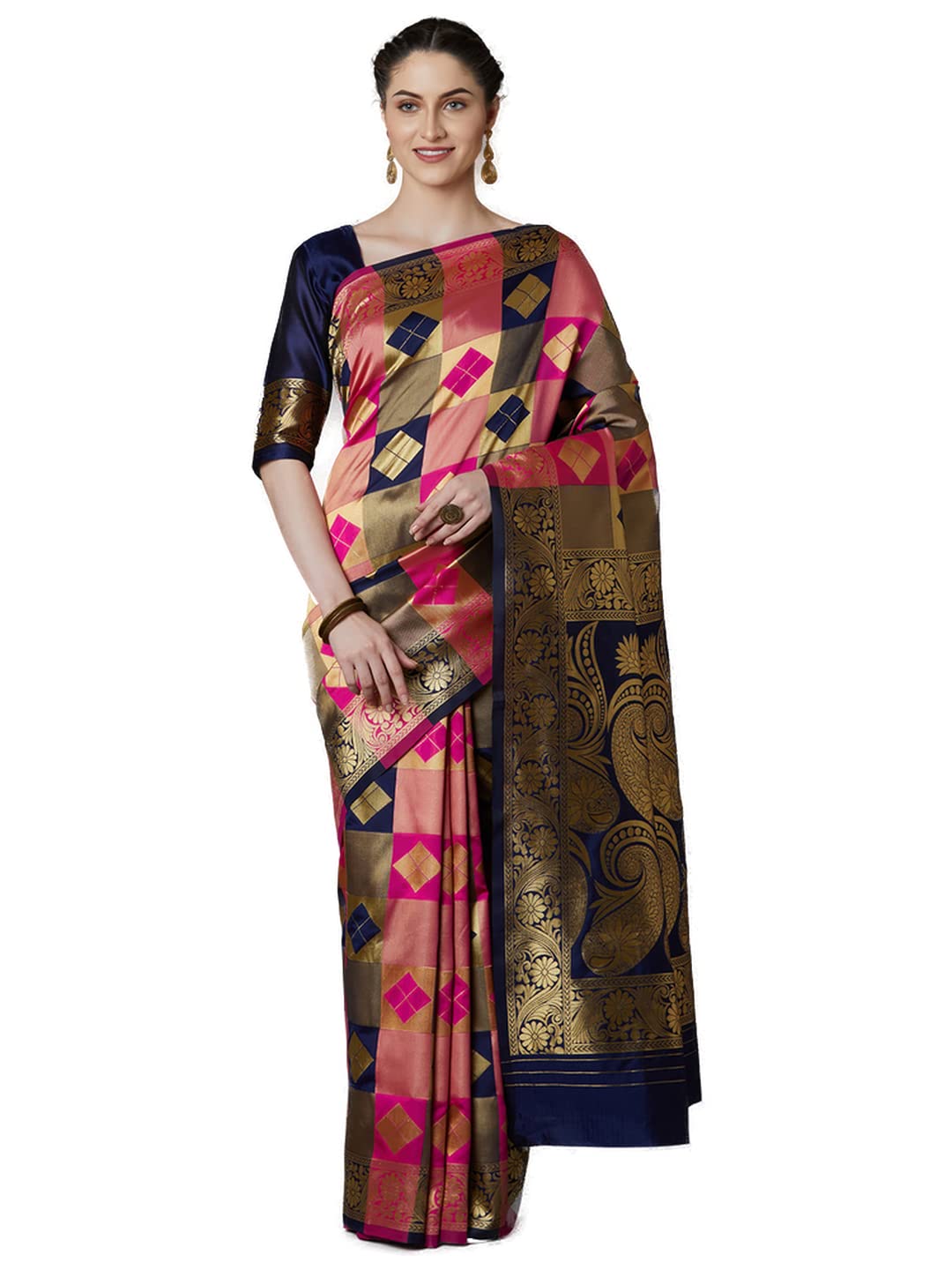 akhilam Women's Woven Design Banarsi Silk Saree With Unstitched Blouse Piece (Navy Blue & Pink_GRM6302_QL)-picture-55