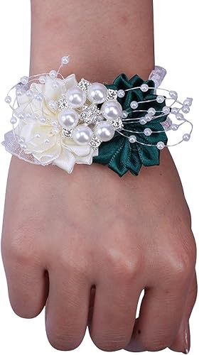 2 ramilletes de muñeca para dama de honor, novia, accesorios para el cabello de flores, pulsera de ramillete de perlas con banda elástica para