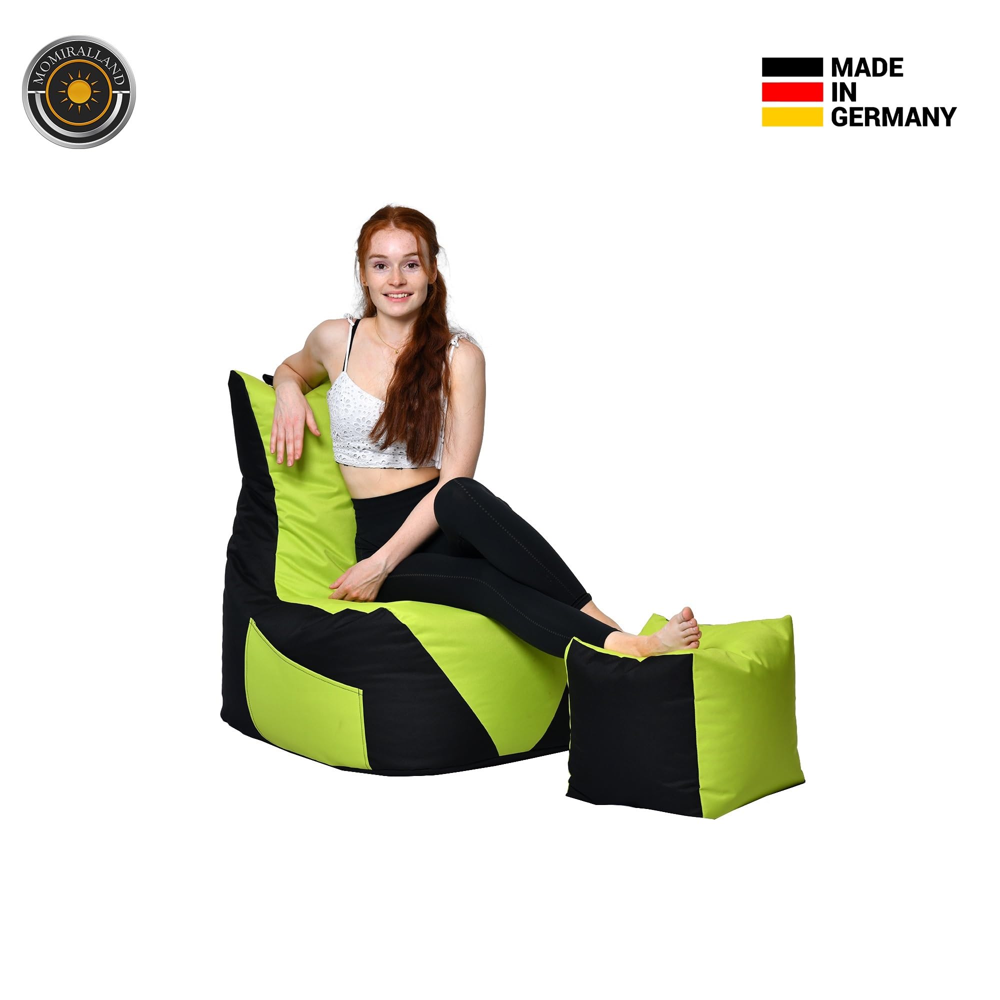 Gaming Sitzsack - mit Lehne Sitzkissen - Beanbag - mit Reißverschluss - BodenKissen Sessel In- & Outdoor geeignet - Gaming mit PC Xbox & PlayStation (Schwarz - Grün, Sitzsack + Hocker)