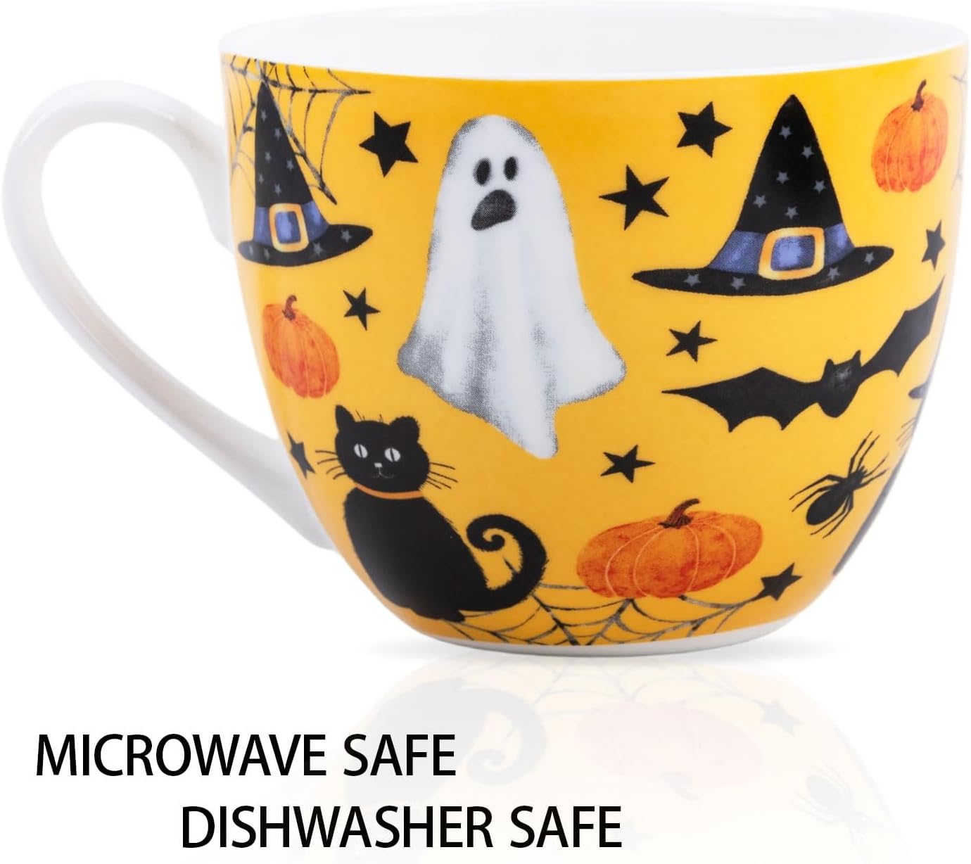 Orange Halloween Mug – 20oz Bone China Coffee Mug with Black Cat, Ghost, Pumpkin & Bat, Perfect Fall Gift for Halloween Lovers, Designed in England by Harvest Green Studio image 4