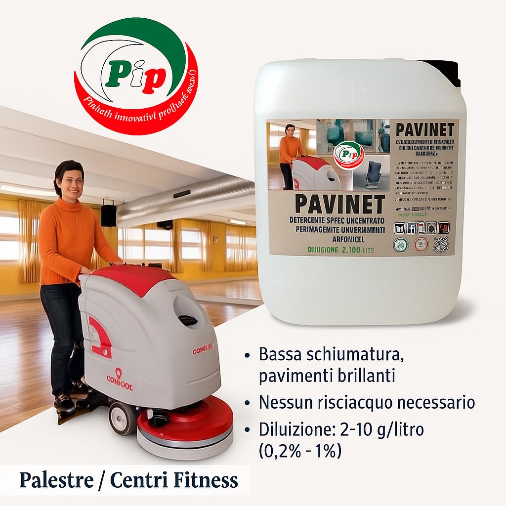 PIP Detergente Macchine Lavapavimenti Pavinet, Concentrato, TK UN LT..10 = Kg. 10,8 Pavimento Industriale, Piscina, Marmo, Ceramica, Linoleum, Cemento