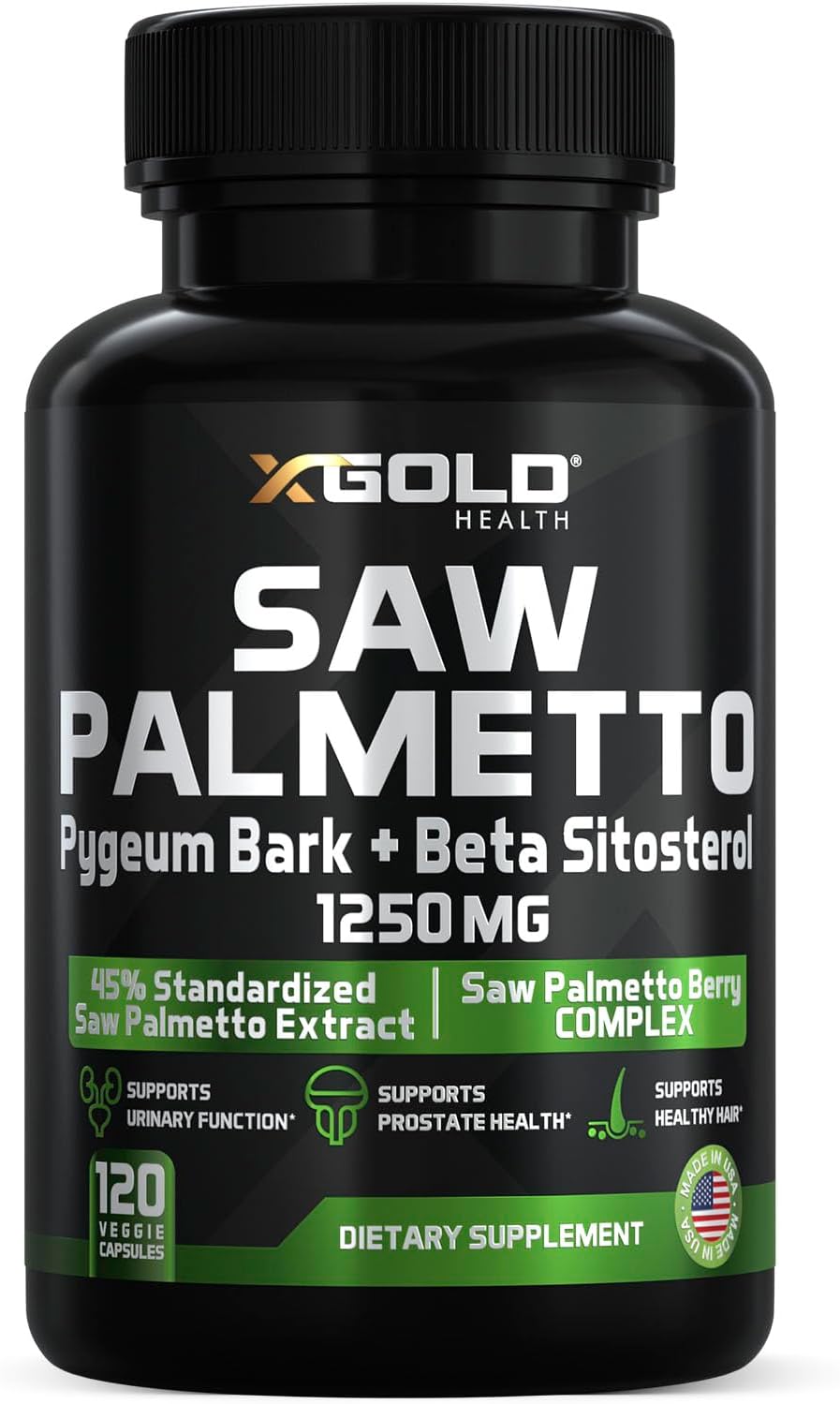 X Gold Health Saw Palmetto for Men 1250mg – Prostate Support with Beta Sitosterol & Pygeum Bark – Supports Urinary Flow & Bladder Control – DHT Blocker for Hair Loss – 120 Capsules
