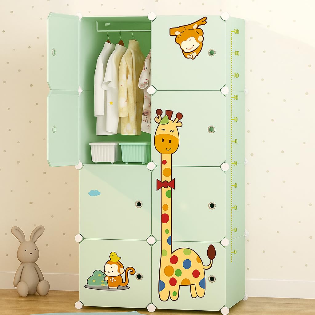Sunderlook Plastic Wardrobe for Kids Clothes – Professional Collapsible Wardrobe, Easy to Use Foldable Almirah, Plastic Cupboard for Kids for Home (Green-S3, 8 Door)